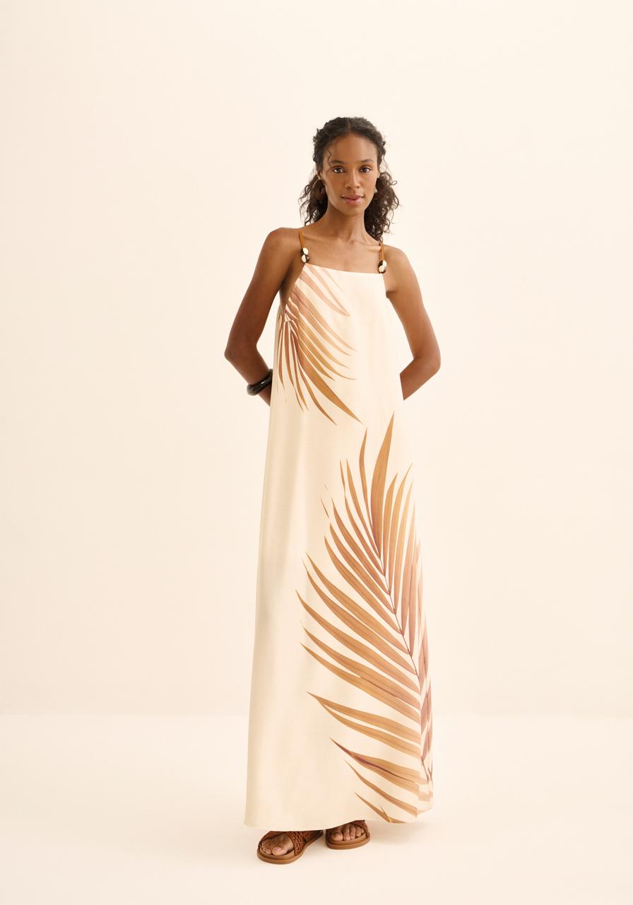 VESTIDO LONGO DE ALÇAS ESTAMPADOEM CREPE LEZ A LEZ