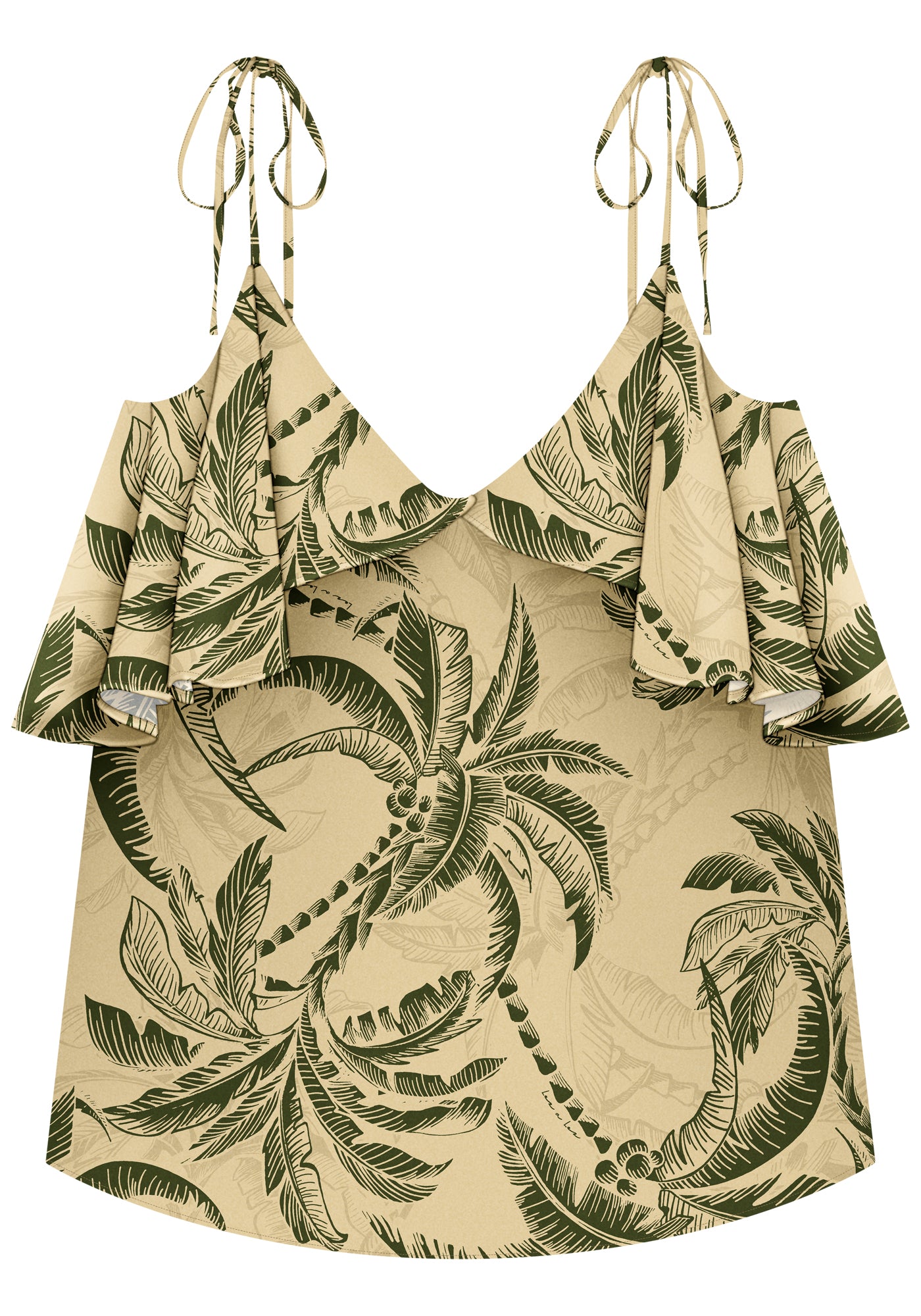 BLUSA FLUIDA ESTAMPADA COM BABADOS E ALÇAS DE AMARRAR
