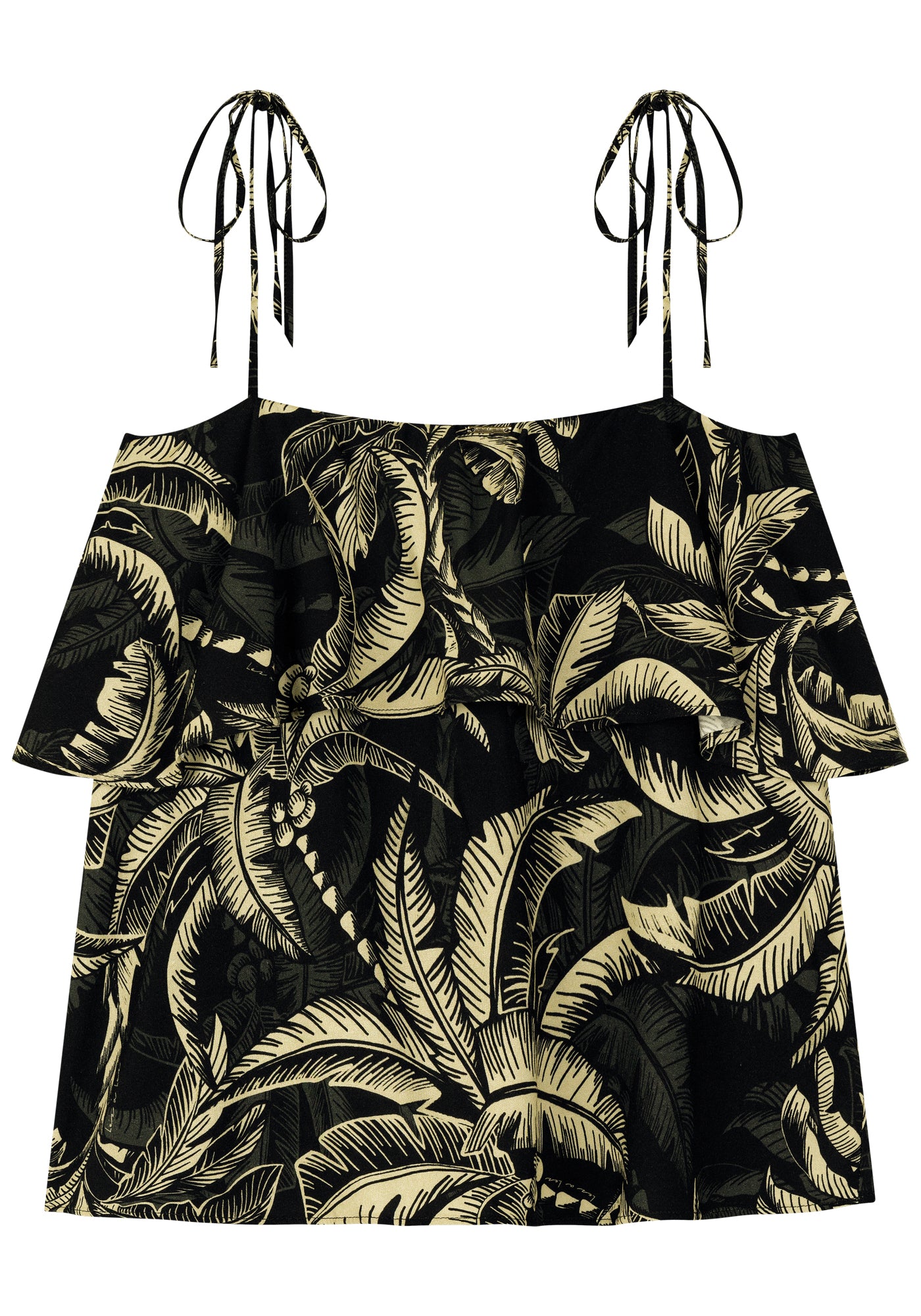BLUSA FLUIDA ESTAMPADA COM BABADOS E ALÇAS DE AMARRAR