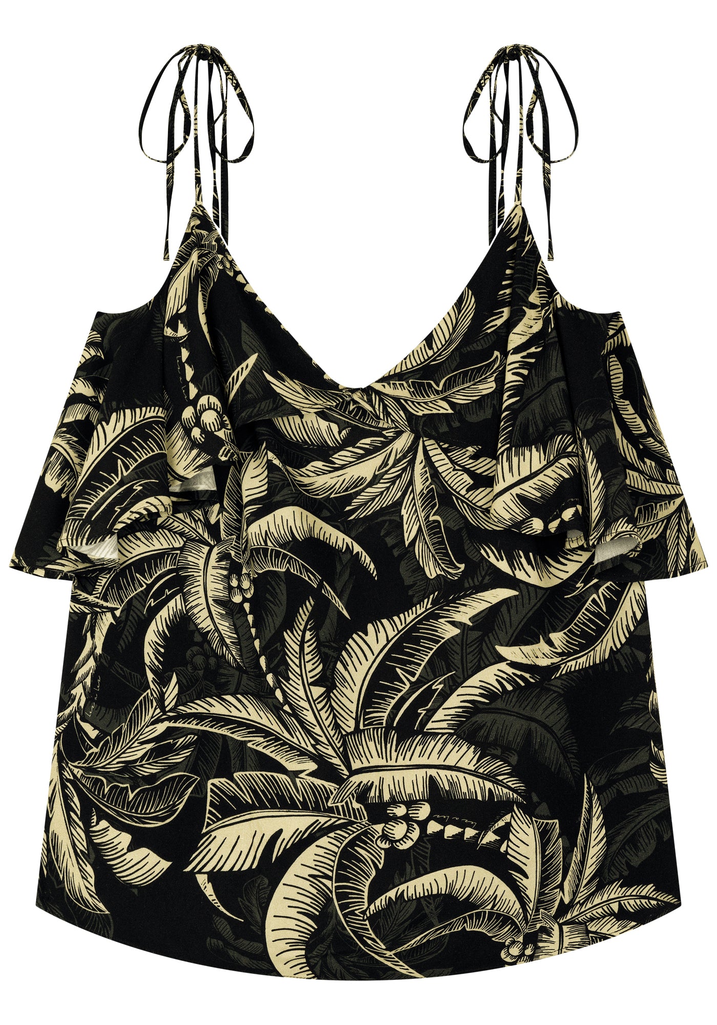 BLUSA FLUIDA ESTAMPADA COM BABADOS E ALÇAS DE AMARRAR