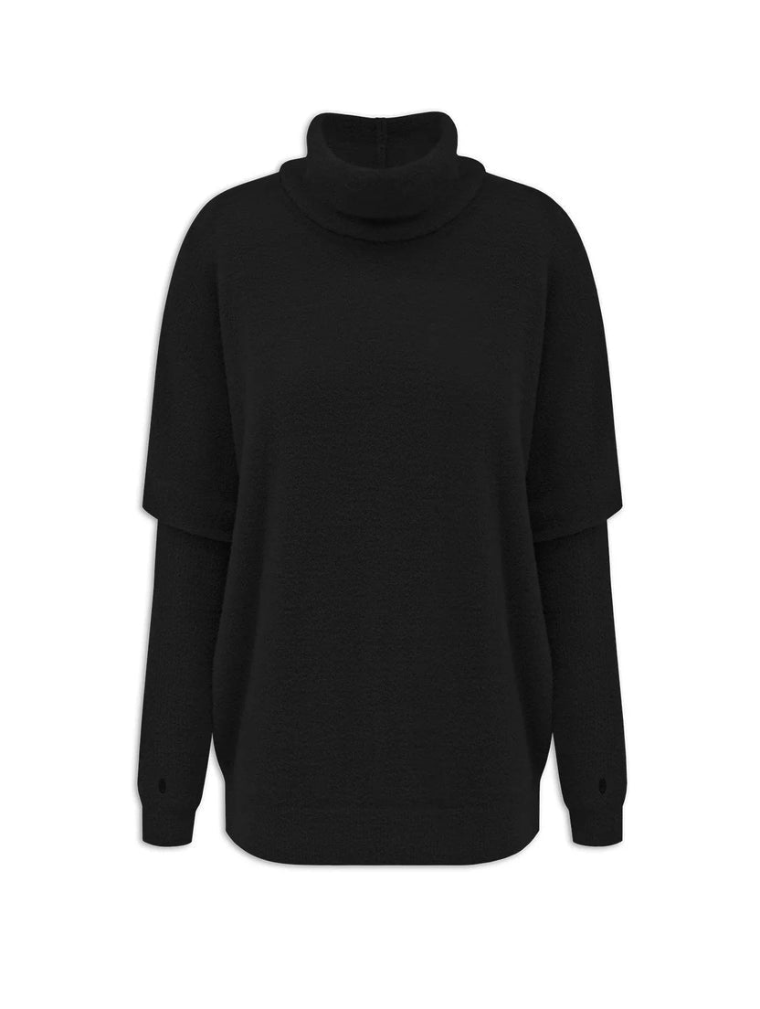 BLUSA FIO PLUMA DE GOLA ALTA COM MANGAS AJUSTADAS