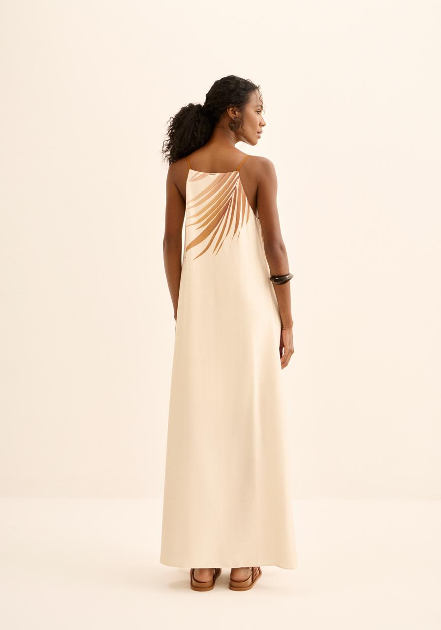 VESTIDO LONGO DE ALÇAS ESTAMPADOEM CREPE LEZ A LEZ